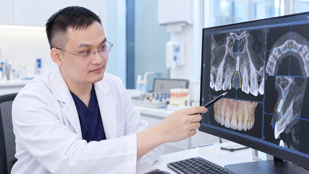Hình ảnh chẩn đoán giúp bác sĩ đánh giá xương và lên kế hoạch vị trí Implant theo phục hình dự kiến.